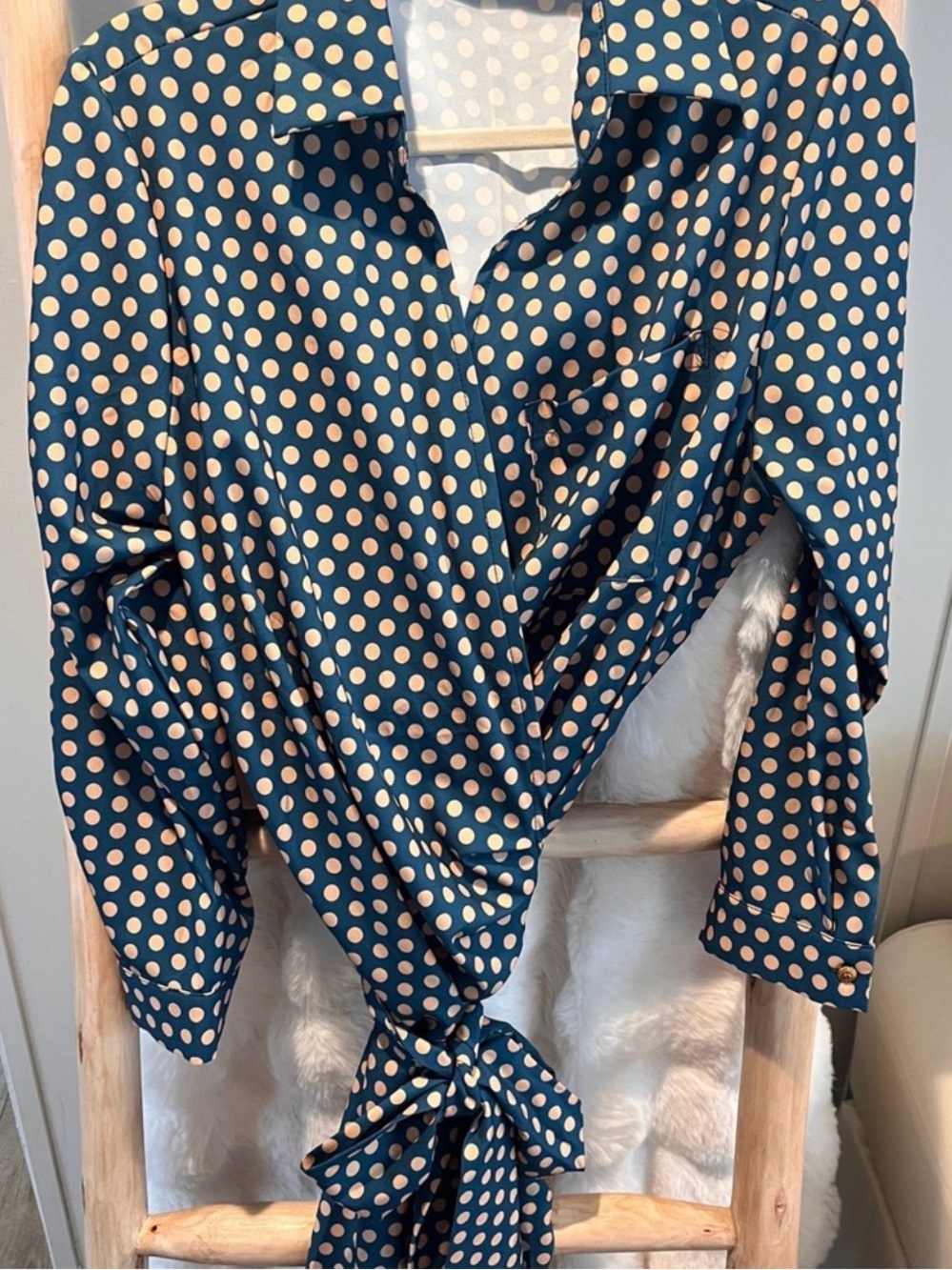 SHEIN Navy Blue Polka Dot Tie-Waist Wrap Blouse